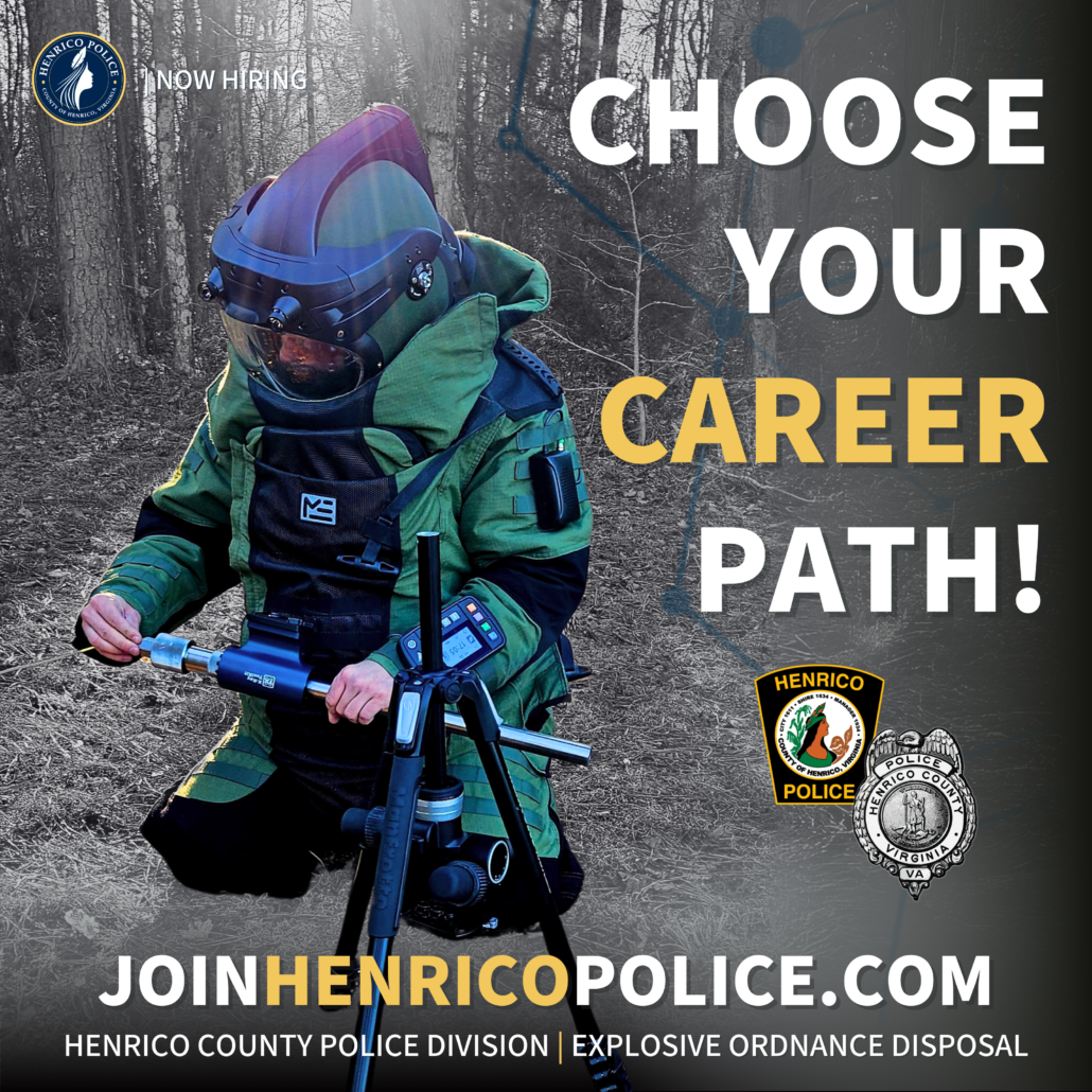 Image of a Henrico Police Officer in a full E.O.D. suit training. There is text on the graphic in the righthand side saying "choose your career path" and Join henrico police.com at the bottom.