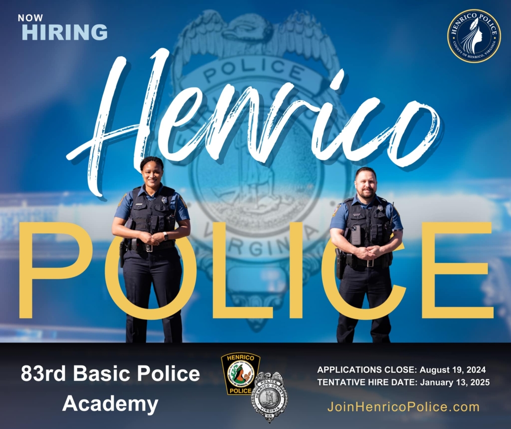 Two Henrico Police officers standing inside of the text on screen that read Henrico Police, now hiring for the 83rd basic Police Academy.