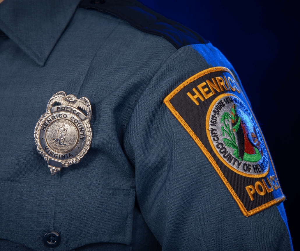 Henrico Police Patch and Badge on a French Blue uniform shirt.