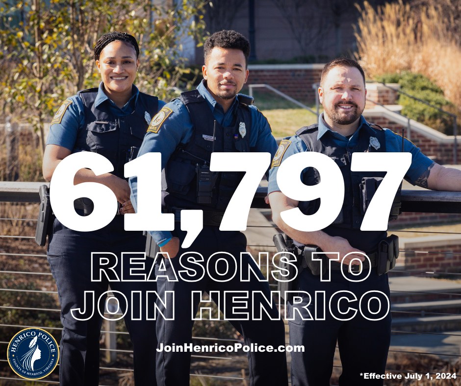 Three Henrico Police officers posing for a group photo. Text that says 61.797 reasons to join Henrico covers the foreground of the image.